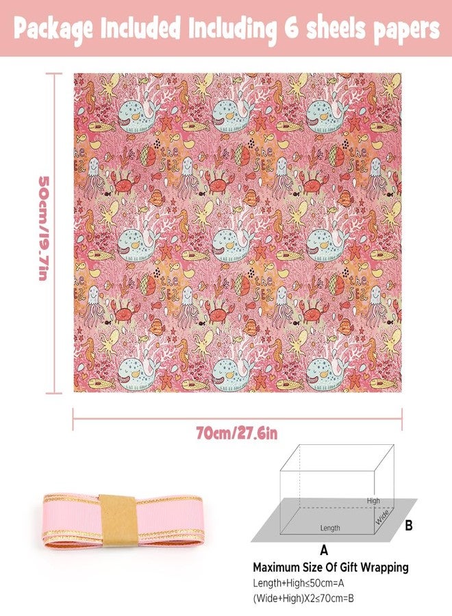 AirCool Under the Sea Wrapping Paper for Girls Kids Boys, 6 Sheets Pink Ocean Coral Sea Star Crab Octopus Whale Beach Coastal Gift Wrap Paper, 20 x 28 inch Per Sheet Gift Paper for Birthday, Baby Shower - Image 2